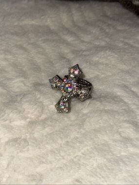 Crystal Cross Statement Ring - Multi-Color Elastic-style stretch ring